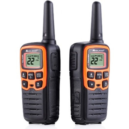 Front view of two Midland T51VP3 X-TALKER walkie talkies showing LCD displays-alternate-image1