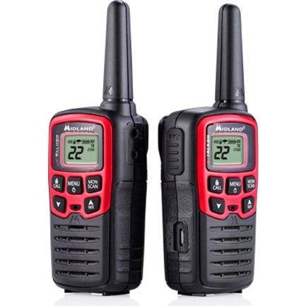 Front and side view of two Midland T31VP X-TALKER walkie talkies showing LCD display and control buttons-alternate-image1