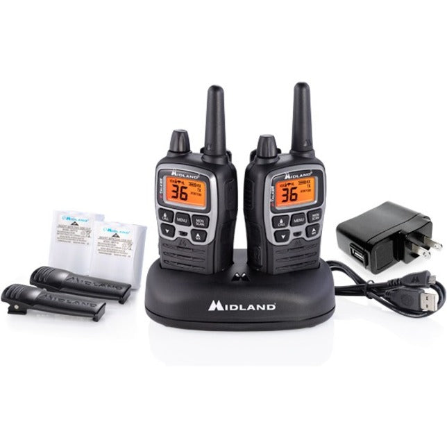 Midland T71VP3 X-TALKER two-way radios shown with charging dock, power adapter, and accessories-alternate-image1