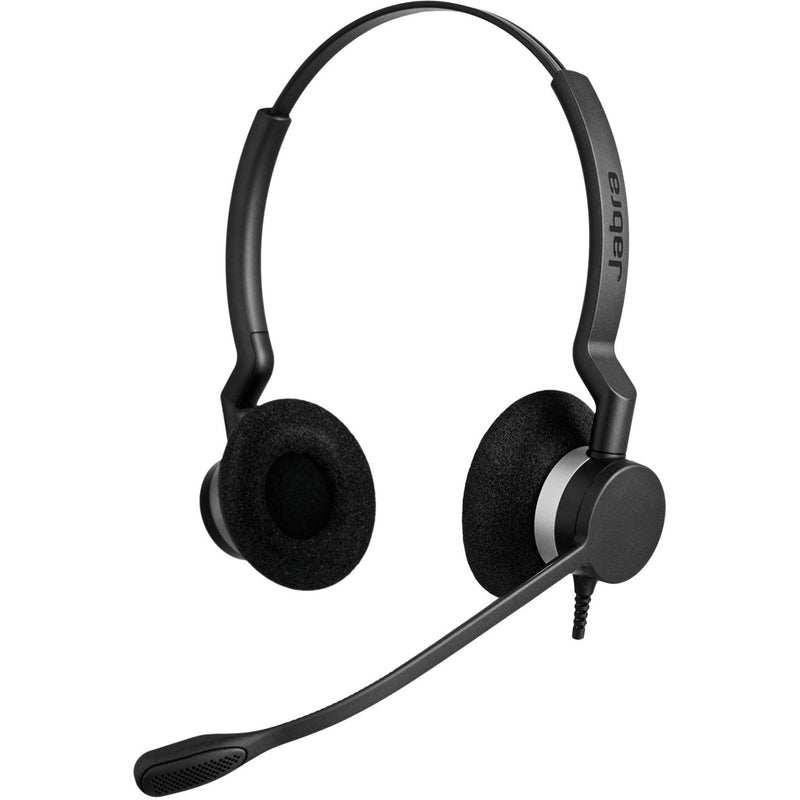 Jabra BIZ 2300 QD Duo headset front view showing dual ear cups and noise-canceling boom microphone