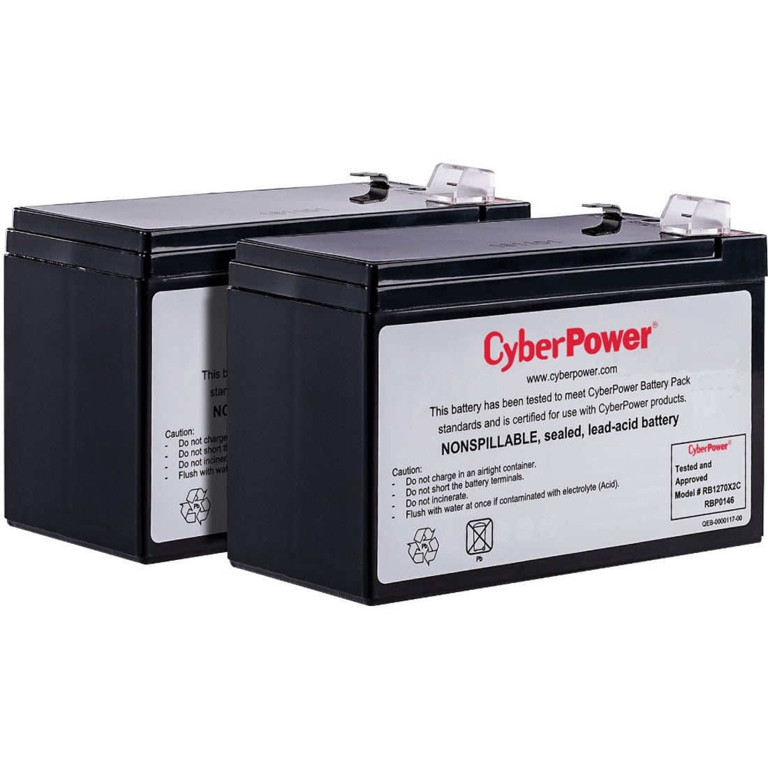 Two CyberPower RB1270X2C sealed lead-acid batteries with safety information labels-alternate-image1