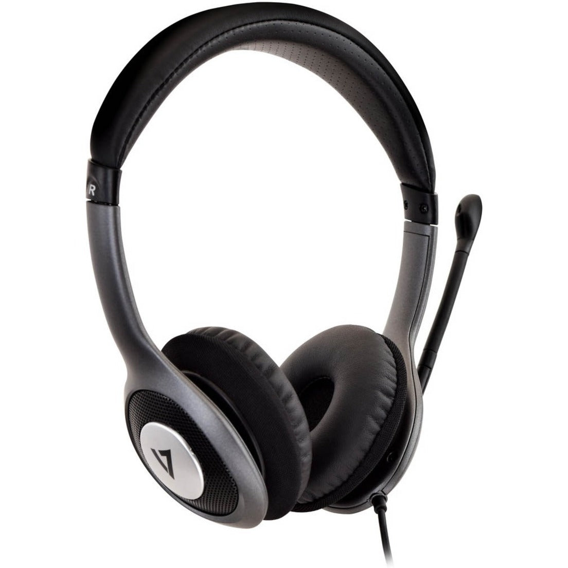 Angled view of V7 HU521-2NP headset highlighting the noise-cancelling microphone design-alternate-image3