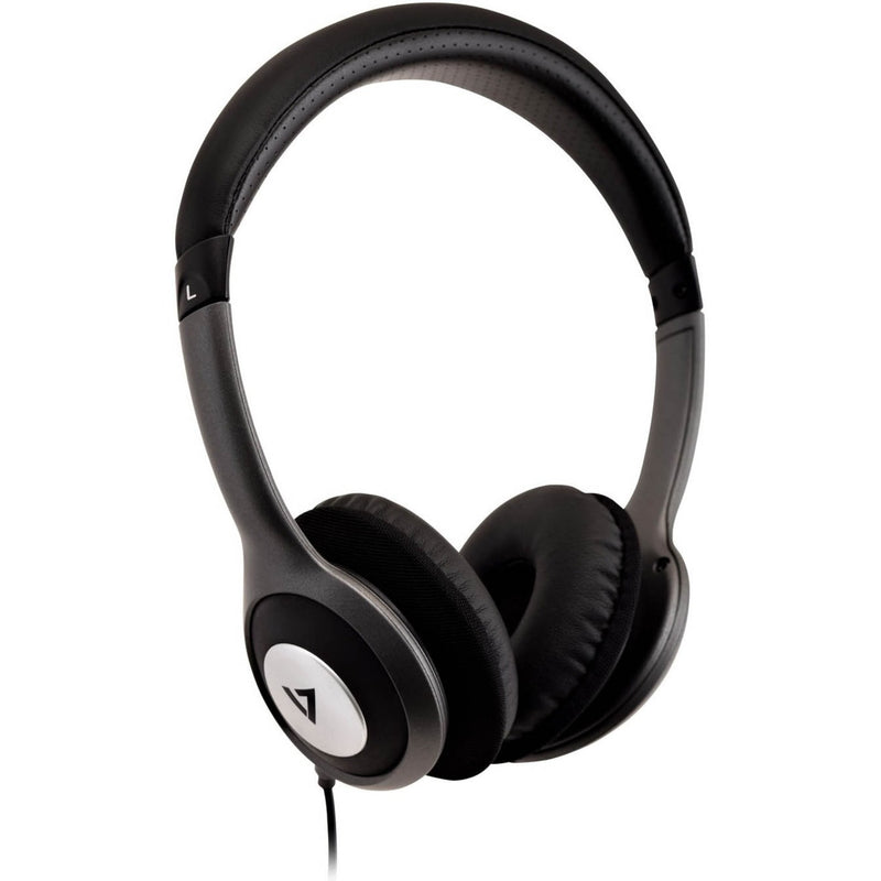 Angled view of V7 Deluxe Stereo Headphones emphasizing the over-ear design and comfort features