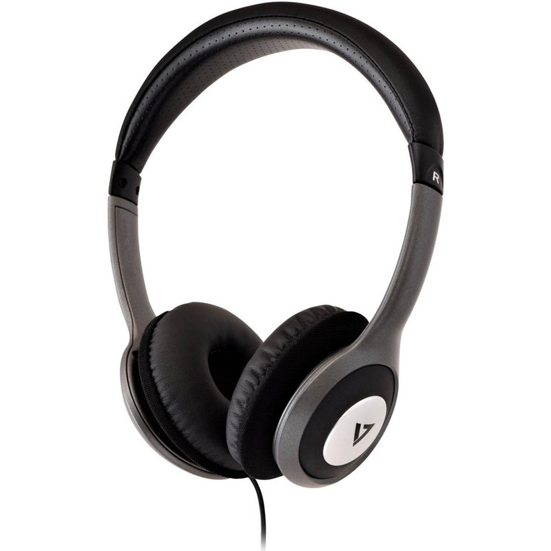 V7 Deluxe Stereo Headphones in black and gray with padded headband and ear cushions, side view showing V7 logo