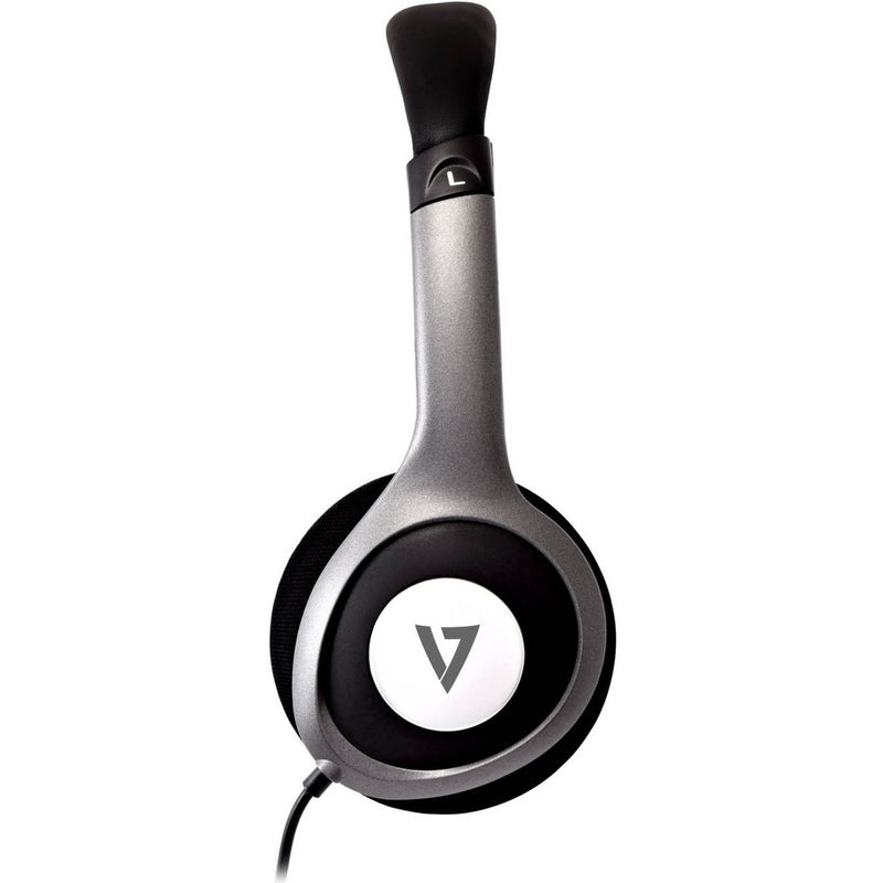 Side profile of V7 Deluxe Stereo Headphones highlighting the metallic gray finish and V7 logo