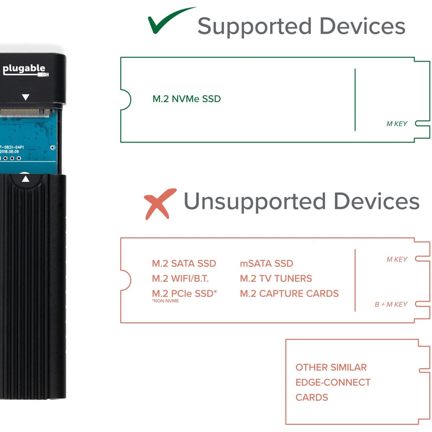 Plugable USBC-NVME กล่องเก็บข้อมูล NVMe M.2 แบบไม่ต้องใช้เครื่องมือ เชื่อมต่อ USB C และ Thunderbolt 3 รองรับความเร็วสูงสุดของ USB 3.1 Gen 2 (10Gbps)