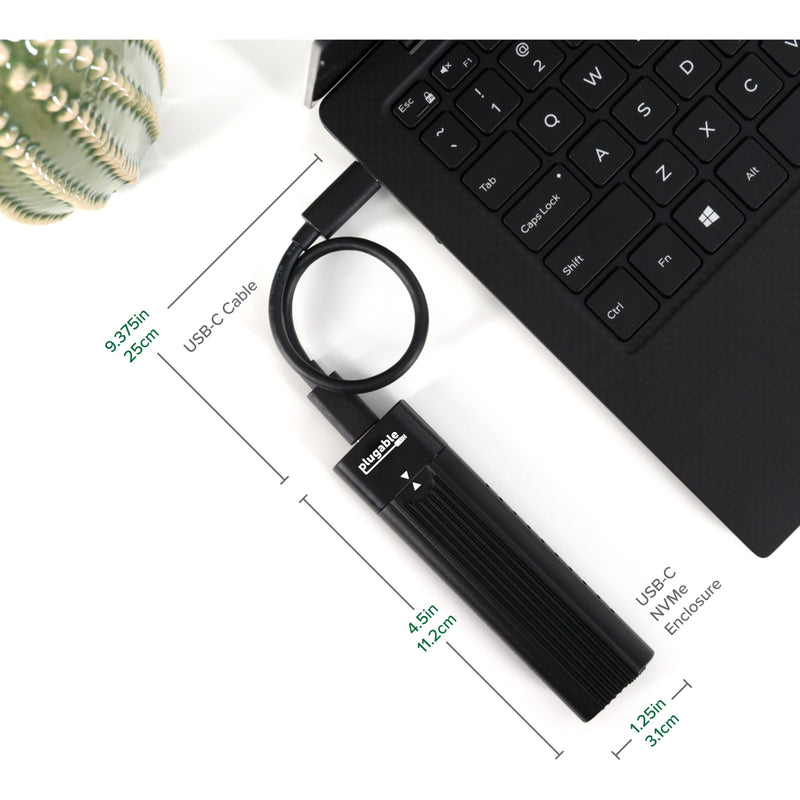 Plugable NVMe enclosure size comparison with laptop and measurement details