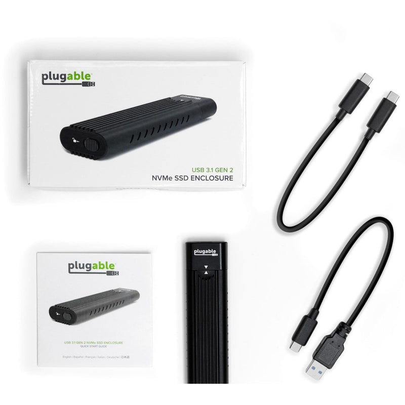 Complete package contents of Plugable NVMe enclosure including cables and documentation