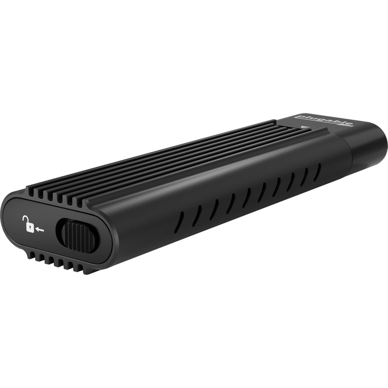 Black aluminum Plugable NVMe SSD enclosure with cooling fins and USB-C connection