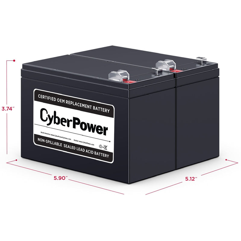 Dimensional specifications of CyberPower RB1290X2 battery with measurements