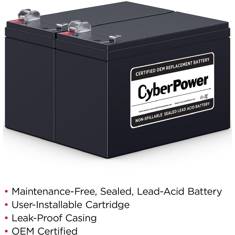 CyberPower RB1290X2 battery highlighting key features and certifications