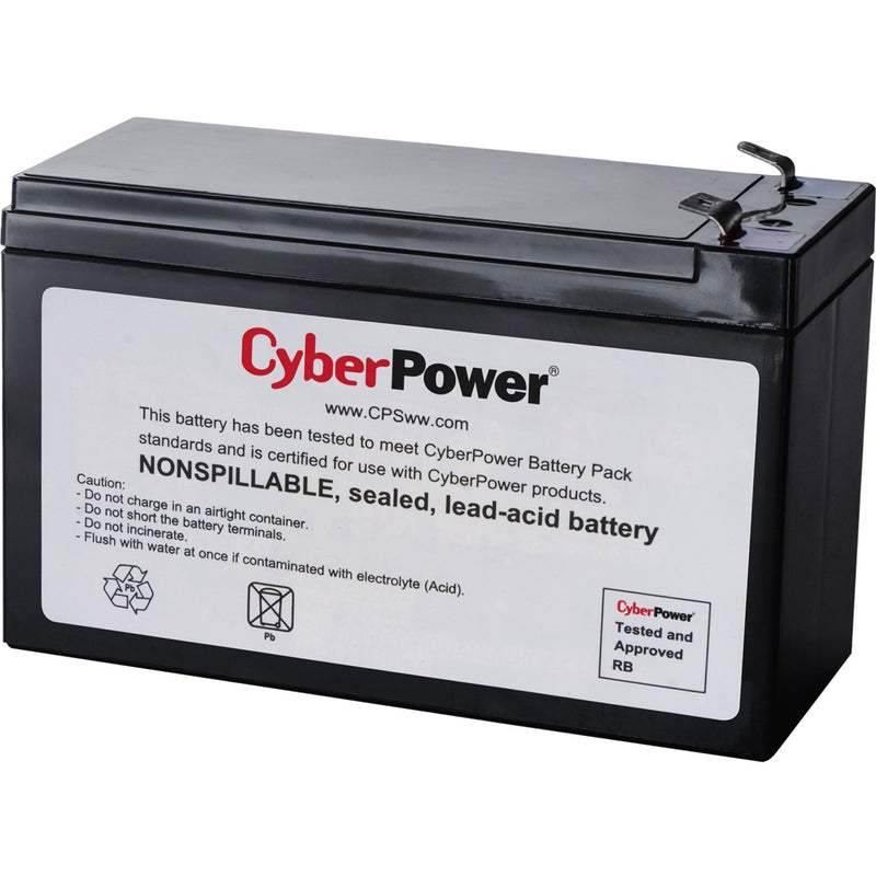 CyberPower RB1290X2 sealed lead-acid battery with safety information and specifications label