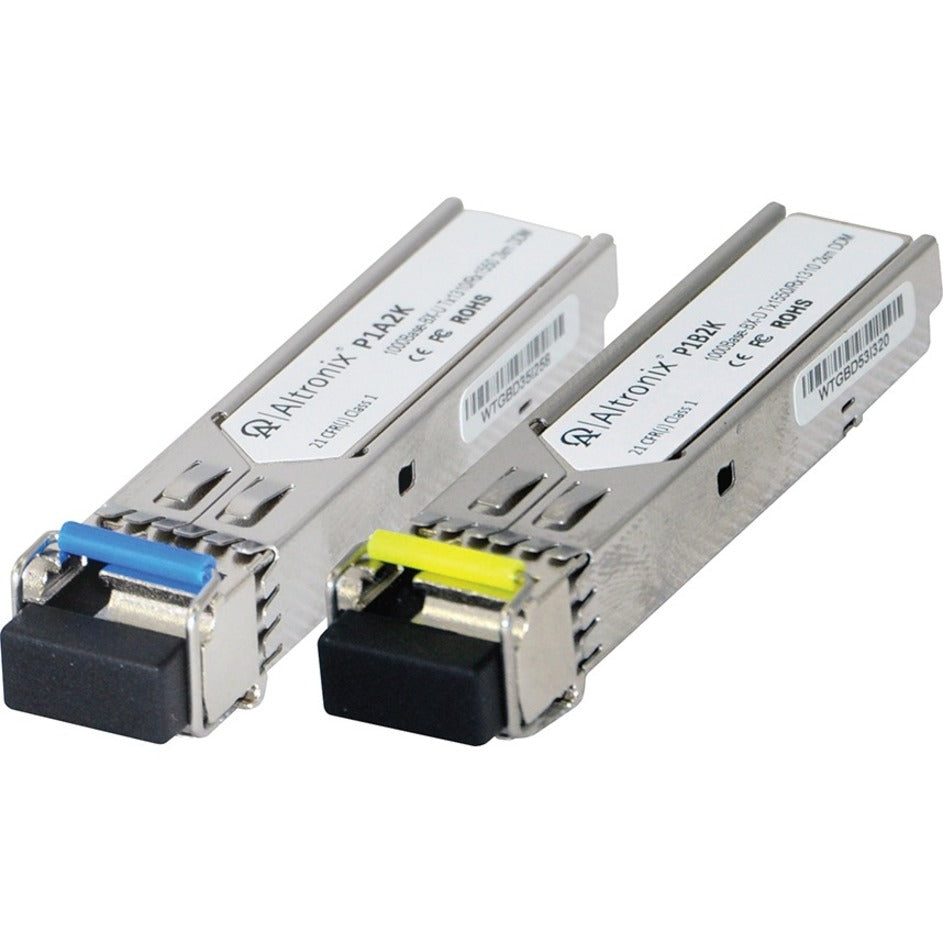 Two Altronix P1AB2K SFP fiber transceiver modules with blue and yellow connectors showing bidirectional capability-alternate-image1