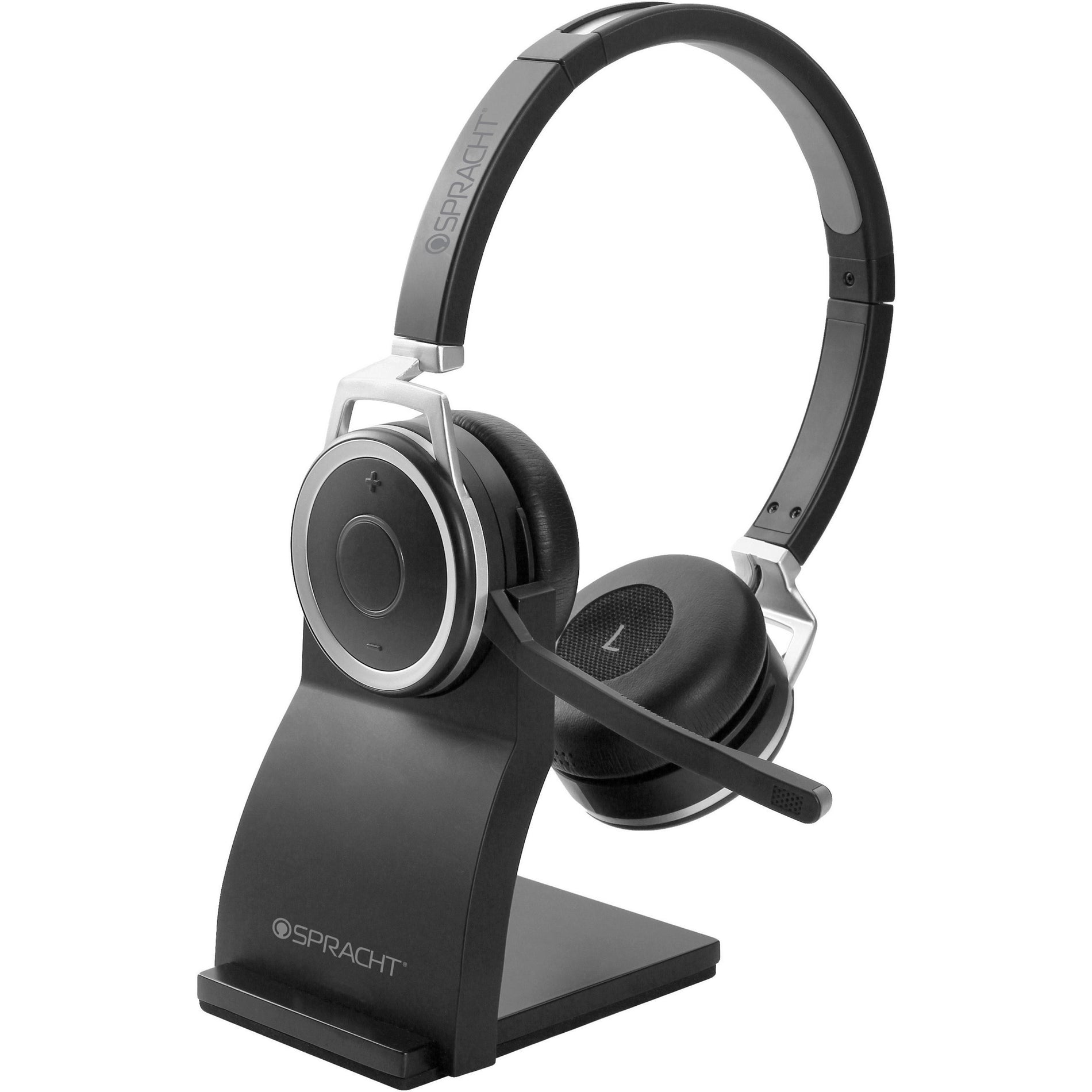 Spracht ZUMBT Prestige Wireless Headset in black with charging stand, featuring over-ear design and boom microphone-alternate-image1