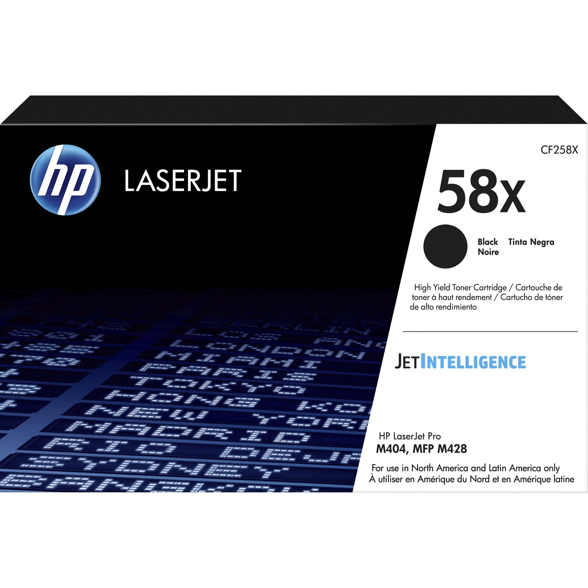 HP CF258X 58X Original High Yield Black Toner Cartridge product box with JetIntelligence branding-alternate-image1