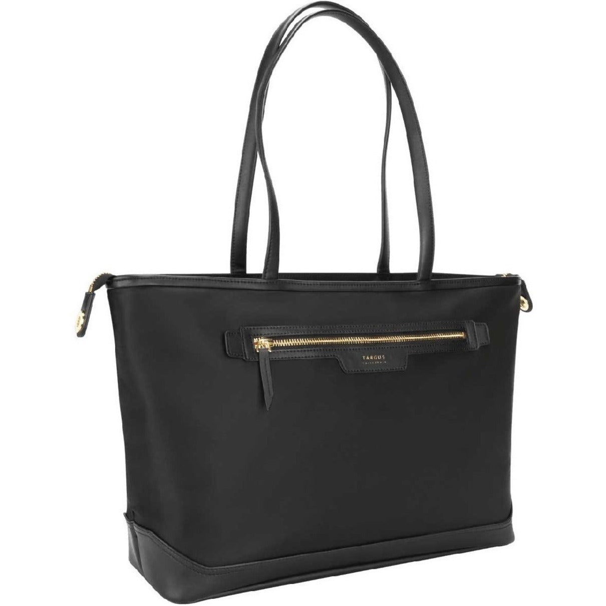 Front view of black Targus Newport laptop tote bag with gold zipper accents-alternate-image1