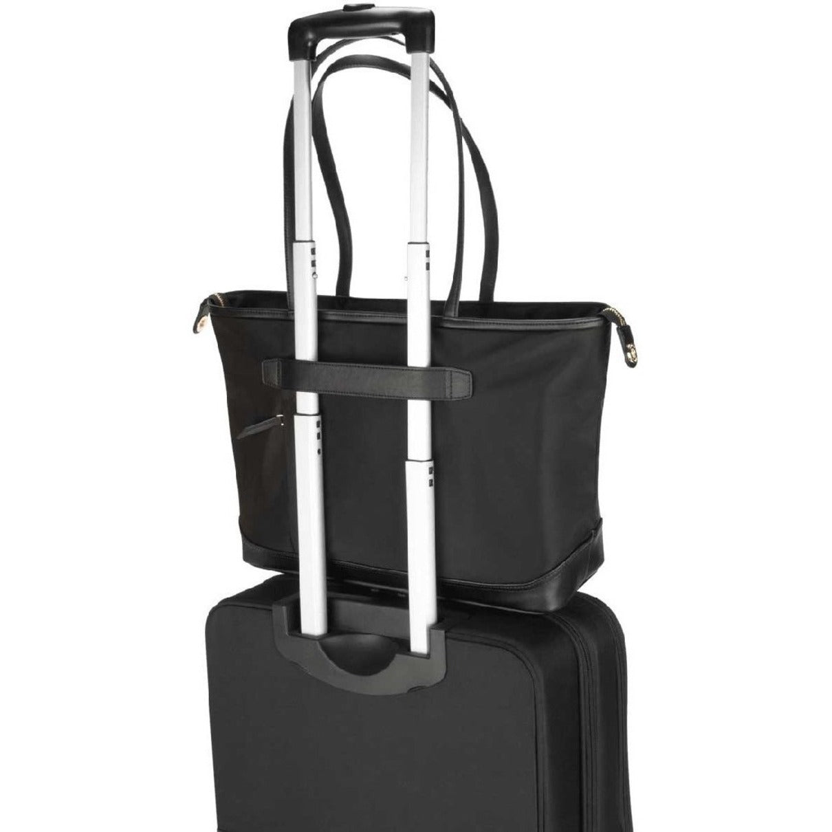 Targus Newport tote attached to rolling luggage showing travel functionality-alternate-image7