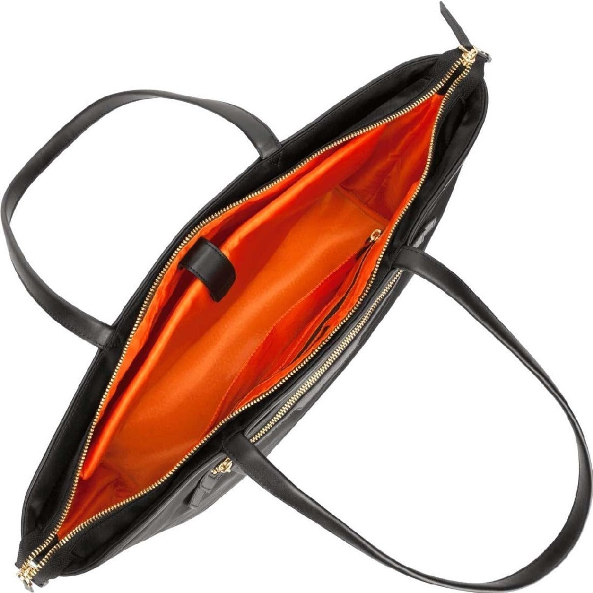 Top view of open Targus Newport tote showing interior organization and orange lining-alternate-image8