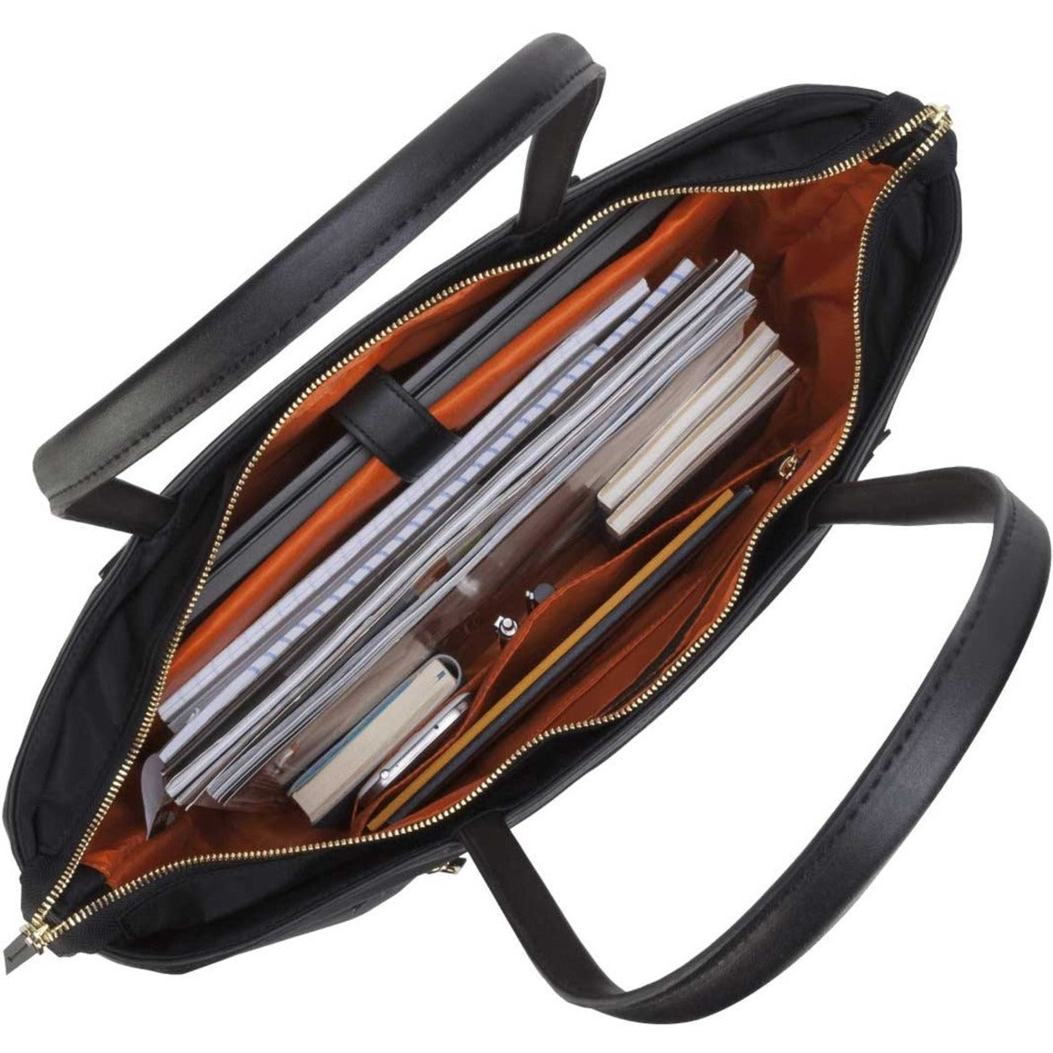 Interior view of Targus Newport tote showing organization features and orange lining-alternate-image6