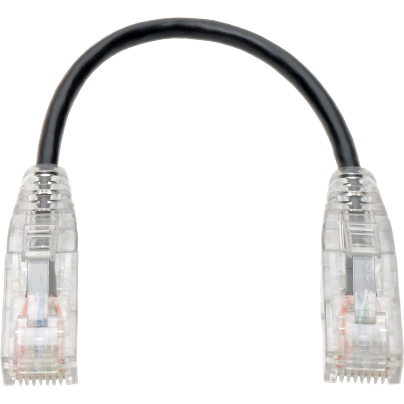 Full view of slim Cat6 patch cable with transparent connectors