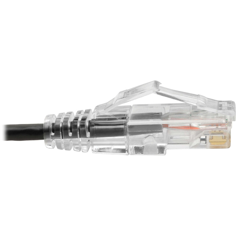 Side view of Cat6 cable connector showing strain relief boot and internal wiring