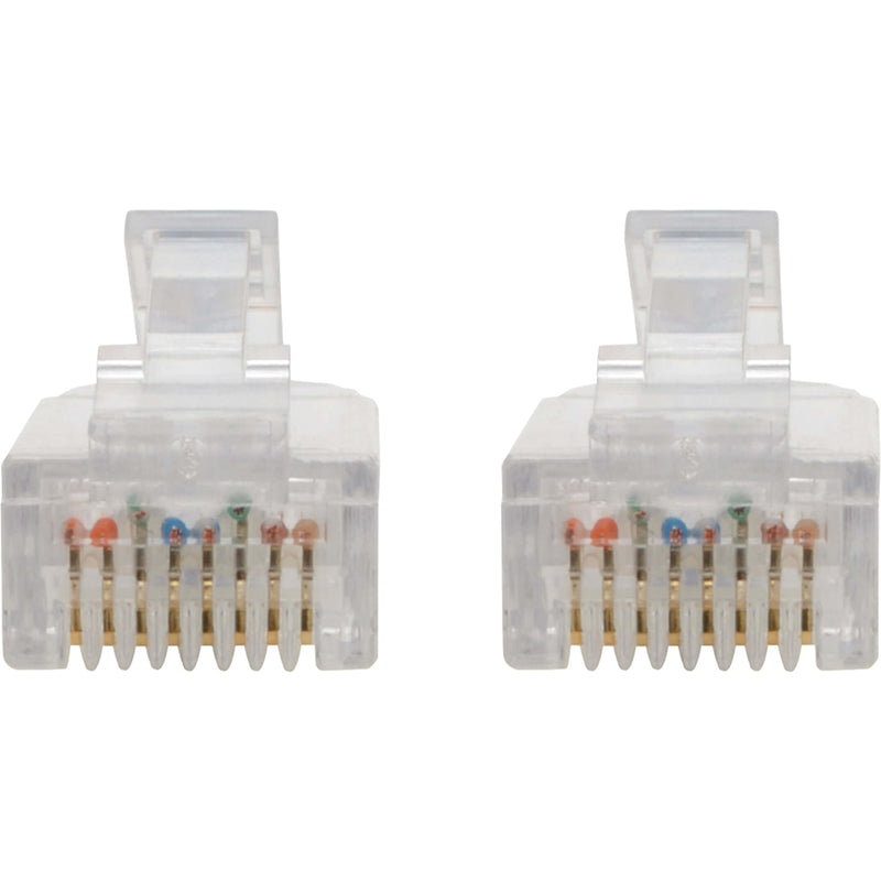 Front view of RJ45 connector showing eight gold-plated pins in clear housing