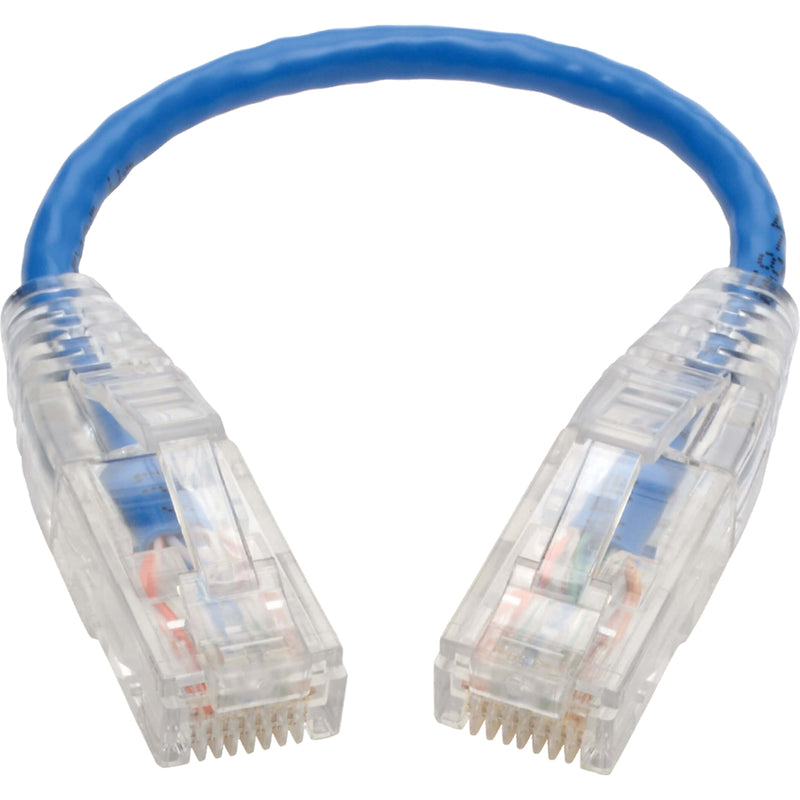 Full view of slim Cat6 patch cable with both connectors visible