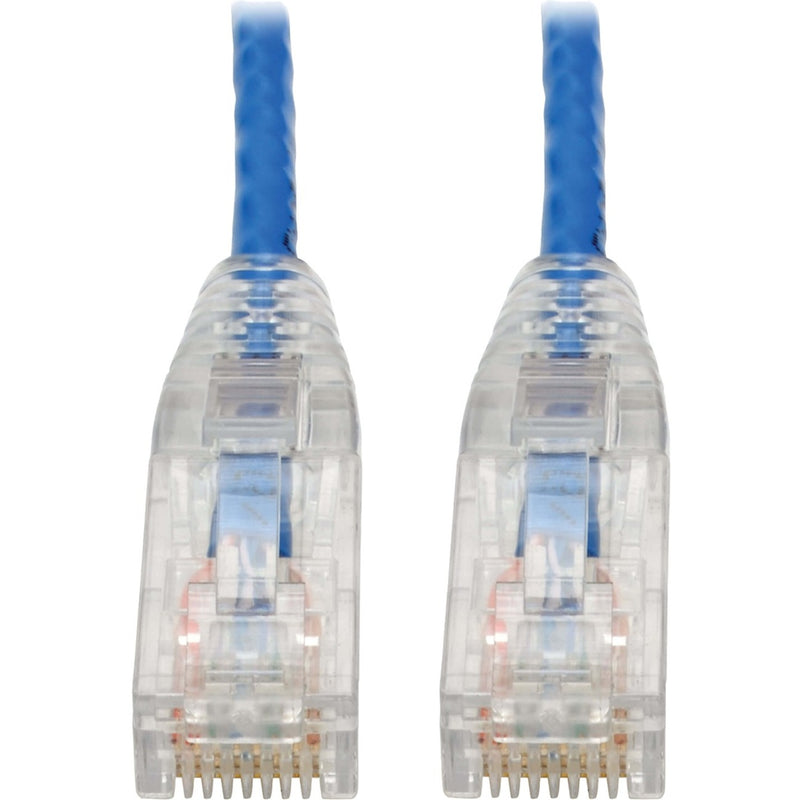 Close-up view of transparent RJ45 connectors with gold-plated pins and blue cable