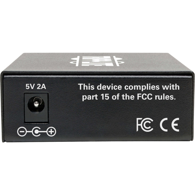 Rear view of media converter showing 5V DC power port and regulatory compliance markings