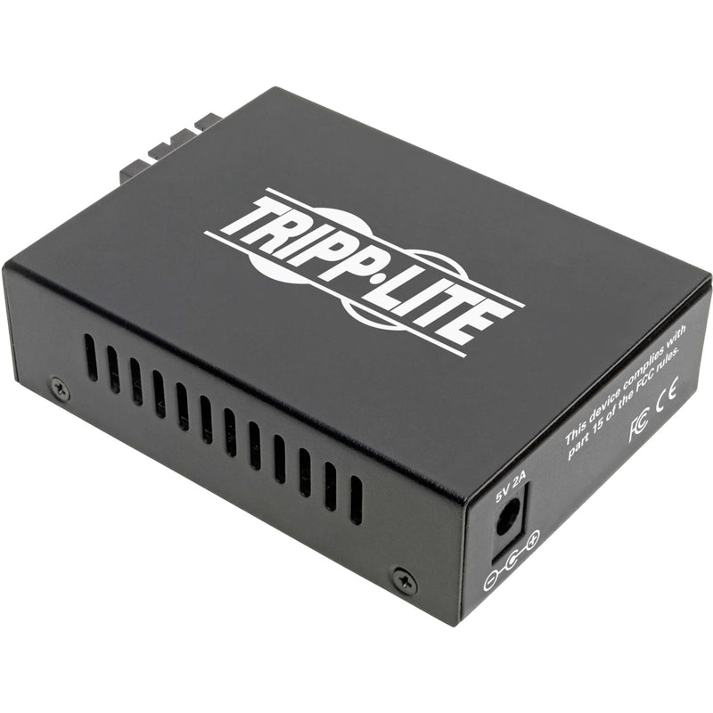 Top view of Tripp Lite N785-INT-SC-SM media converter showing compact black metal housing with brand logo