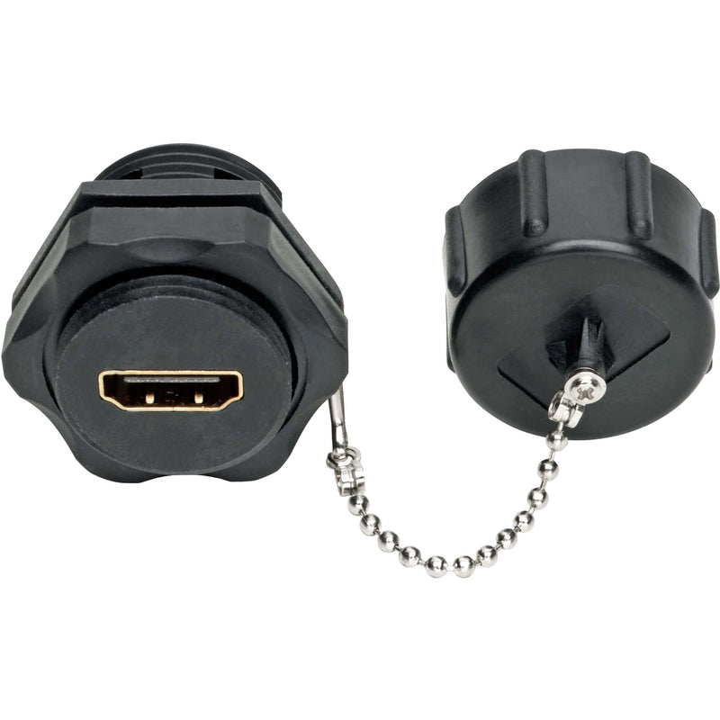 Dual-ended industrial HDMI coupler with protective caps and ball chain