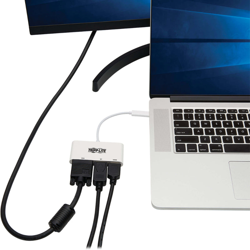 Tripp Lite adapter connected to laptop with multiple display cables