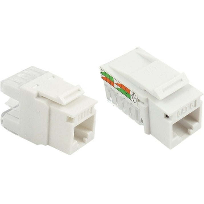 Two white Cat.6 keystone jacks showing color-coded wiring guides and RJ-45 female ports