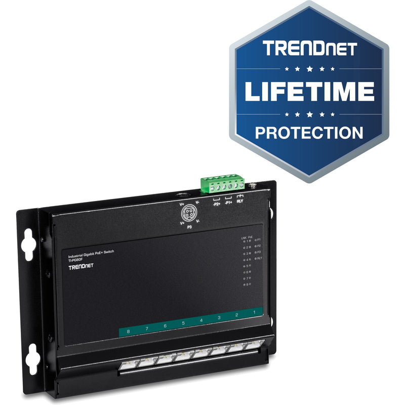 TRENDnet industrial PoE+ switch with lifetime protection badge