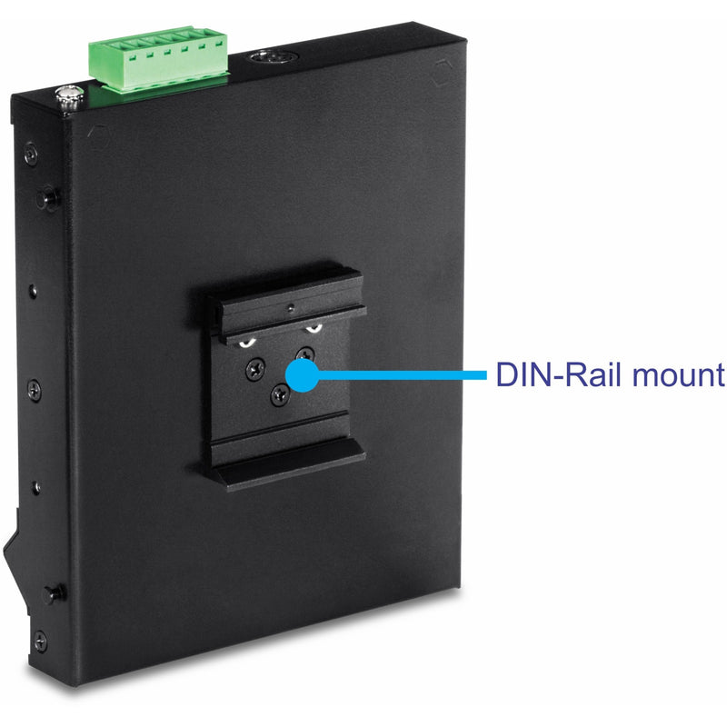 Close-up of DIN-rail mounting mechanism on TRENDnet switch