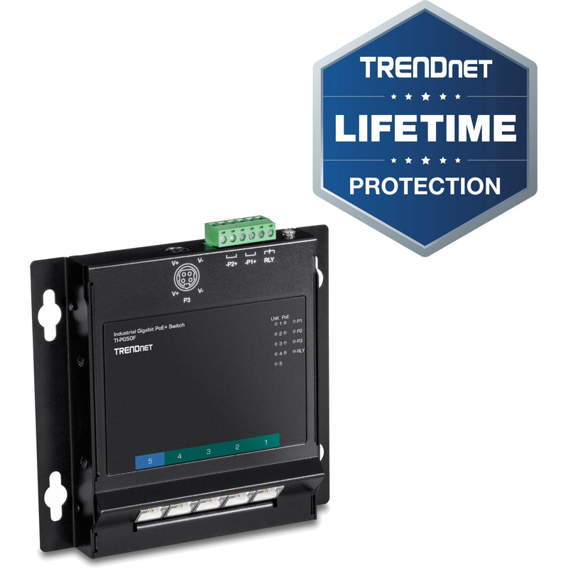 TRENDnet industrial gigabit PoE+ switch with lifetime warranty badge showing front panel interface