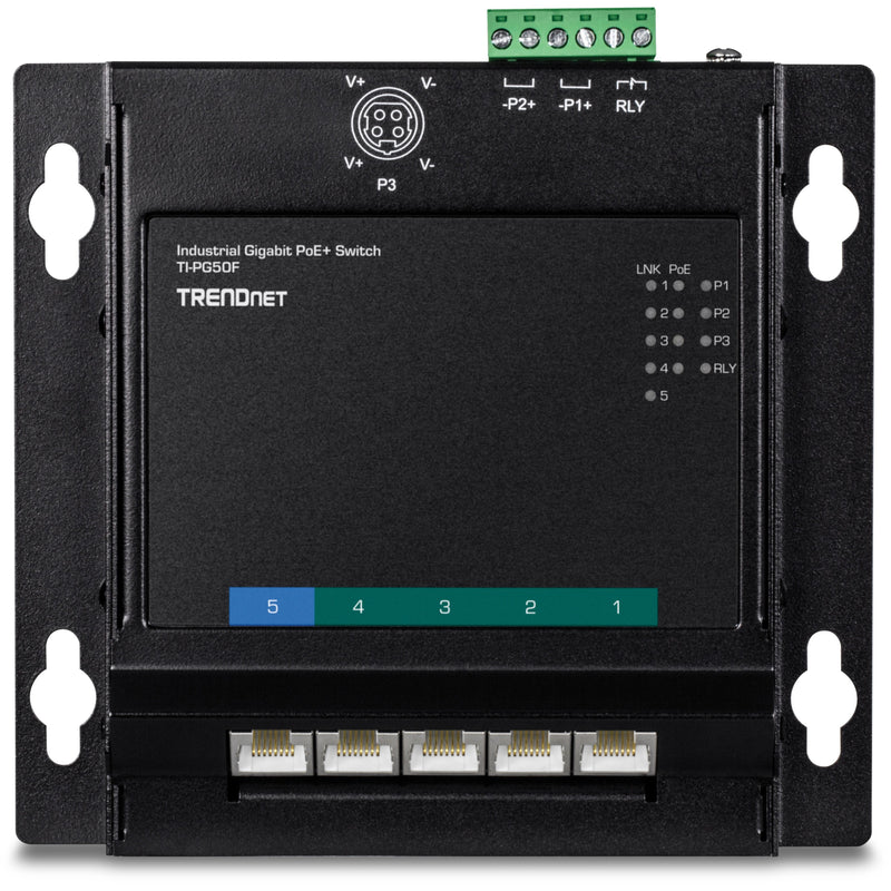 Front panel detail of TRENDnet switch showing ports and LED indicators