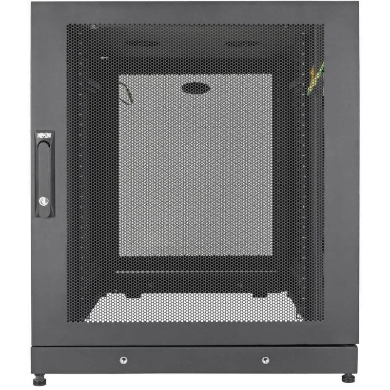 Close-up front view of SR14UBDP server rack showing mesh door pattern and lock