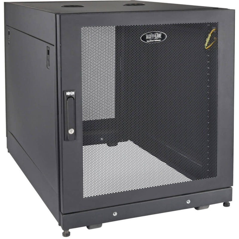 Front view of Tripp Lite SR14UBDP 14U server rack with perforated mesh door