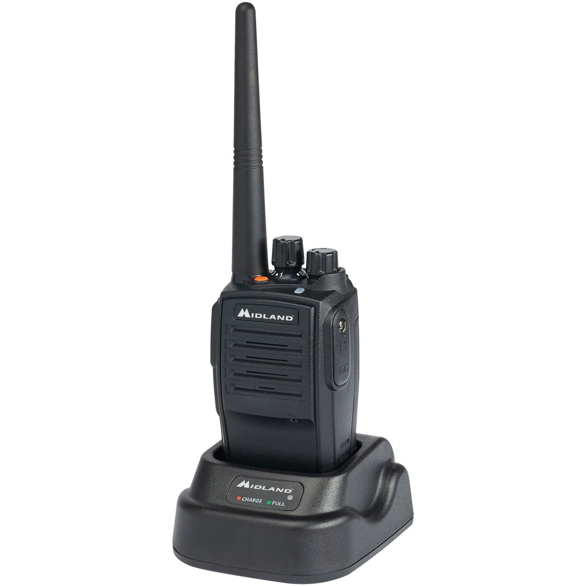 Midland MB400 two-way radio positioned in its desktop charging dock with power indicators visible-alternate-image1