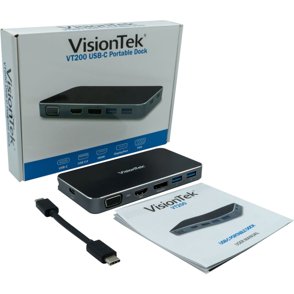 VisionTek 901226 VT200 Dual Display USB-C Docking Station With Power Passthrough, VGA, HDMI, DisplayPort, USB 3.0 Ports