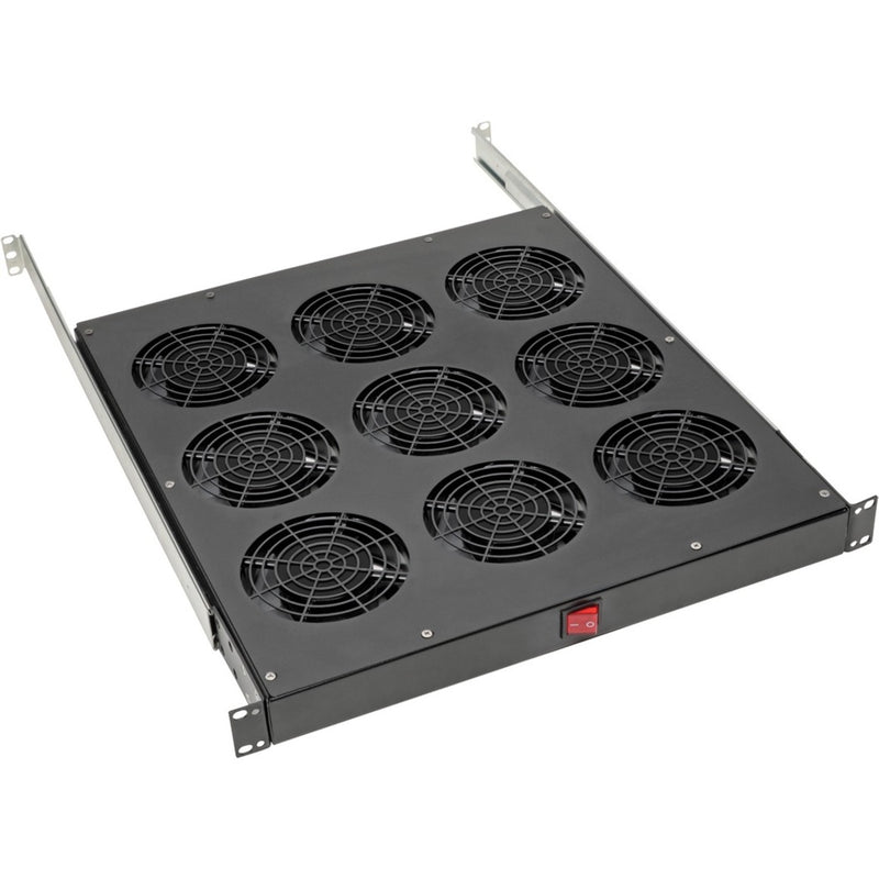 Front view of Tripp Lite SRFANTRAY9 1U rack fan tray showing nine 4-inch cooling fans arranged in a 3x3 grid