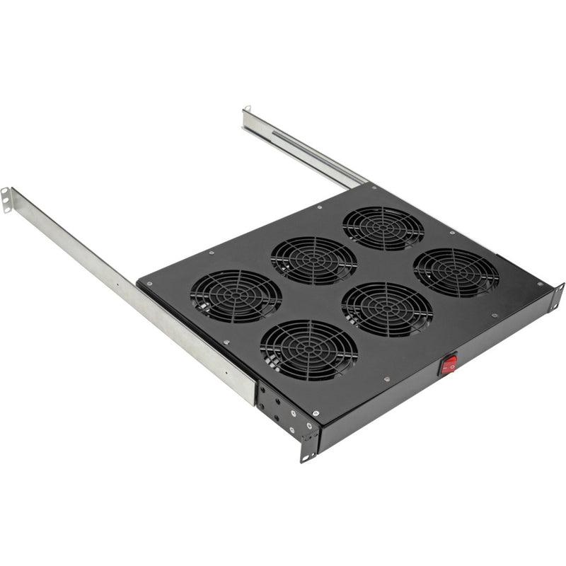 Front angled view of Tripp Lite SRFANTRAY6 1U rack fan tray showing six cooling fans and mounting rails