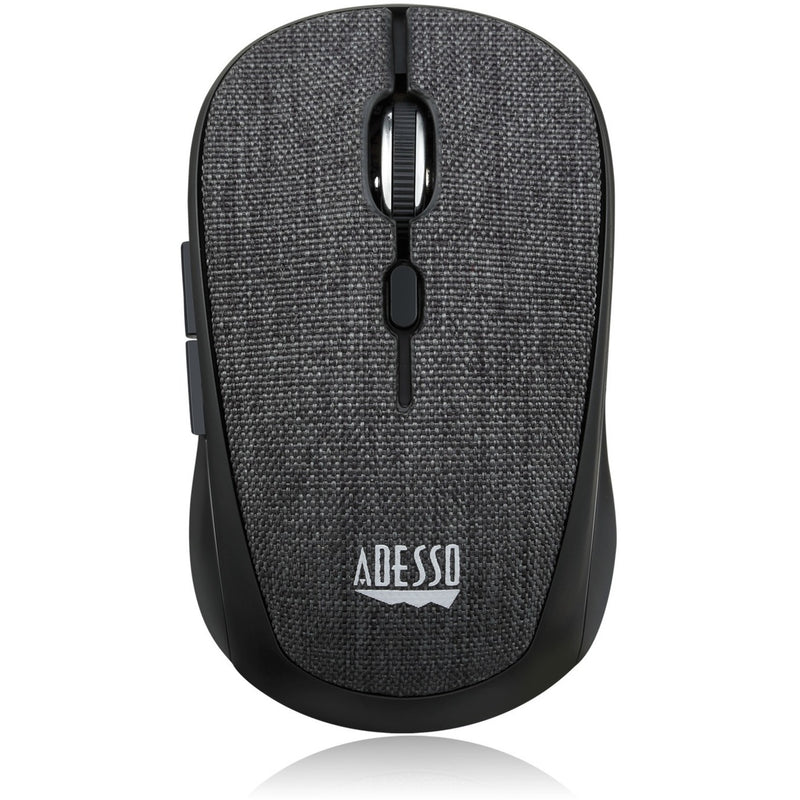 Top view of Adesso iMouse S80B wireless mouse showing textured fabric surface and central scroll wheel