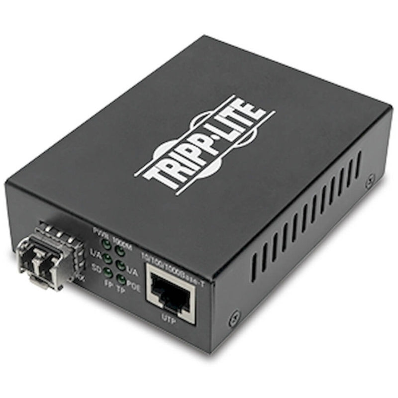 Front view of Tripp Lite N785-P01-LC-MM1 media converter showing LC fiber and RJ45 ports with LED indicators