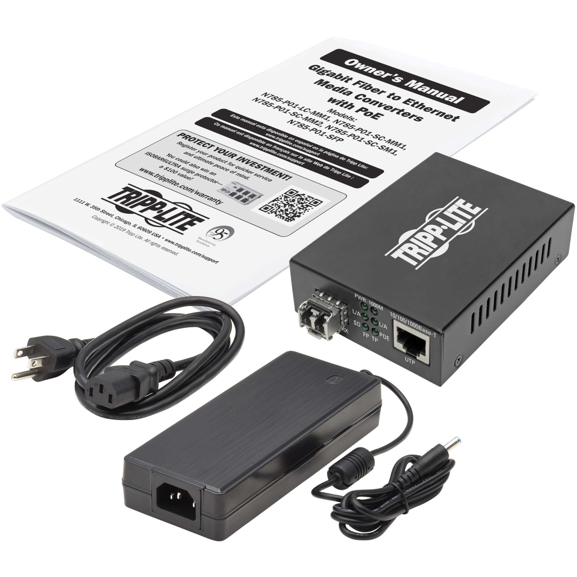 Complete package contents of Tripp Lite media converter including power supply, cables, and manual-alternate-image6