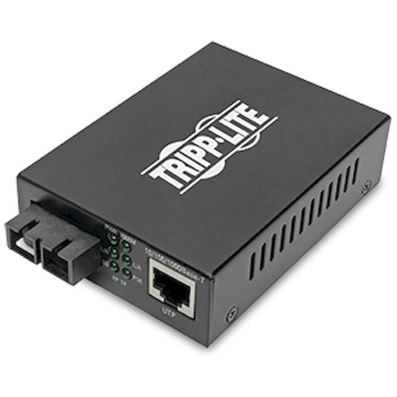 Front view of Tripp Lite N785-P01-SC-MM1 media converter showing SC fiber ports and RJ45 connection