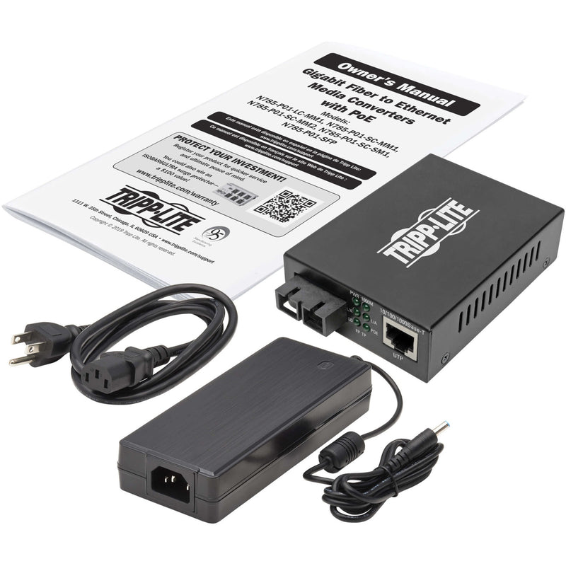 Complete package contents of N785-P01-SC-MM1 including converter, power supply, and manual