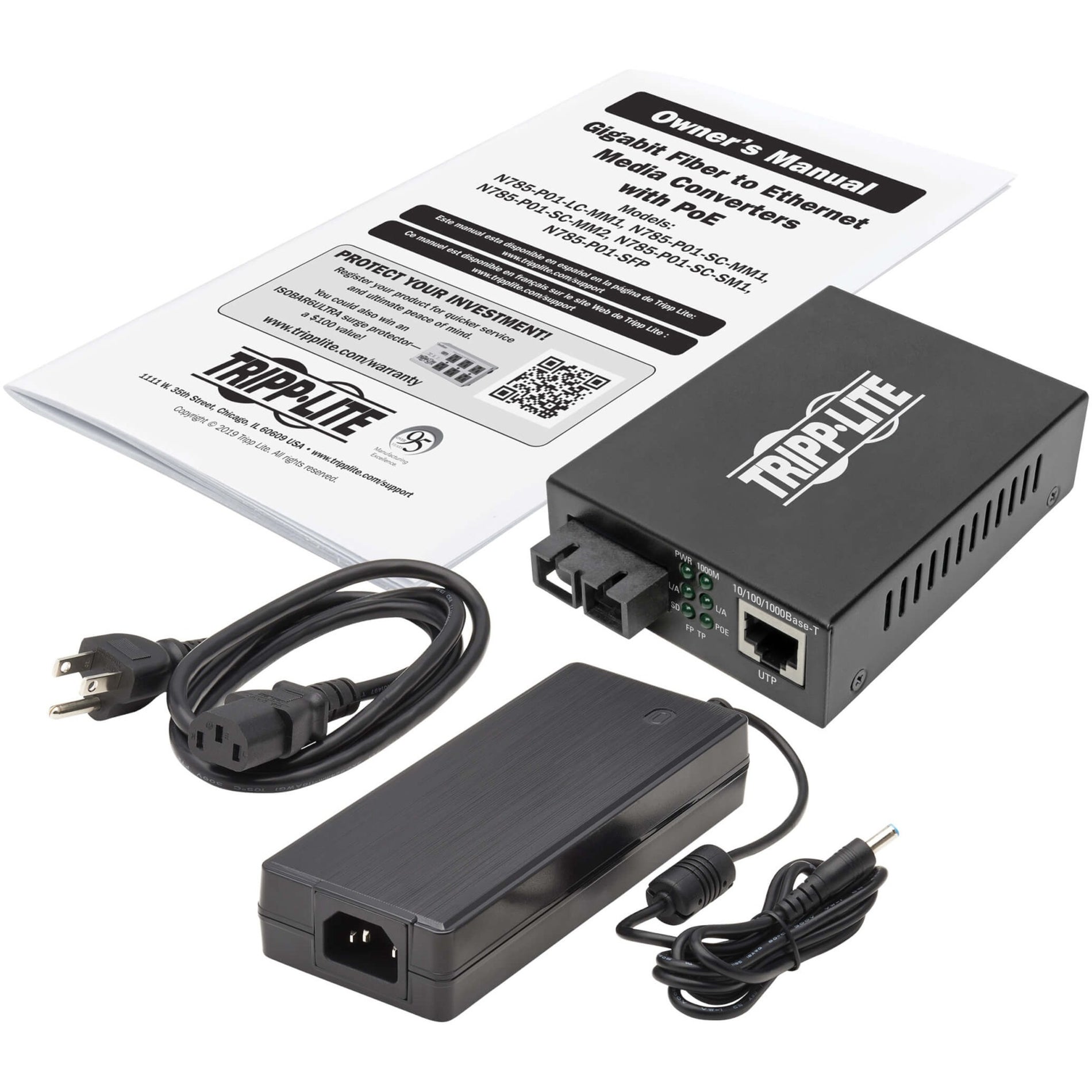 Complete package contents including media converter, power supply, power cord, and manual-alternate-image5