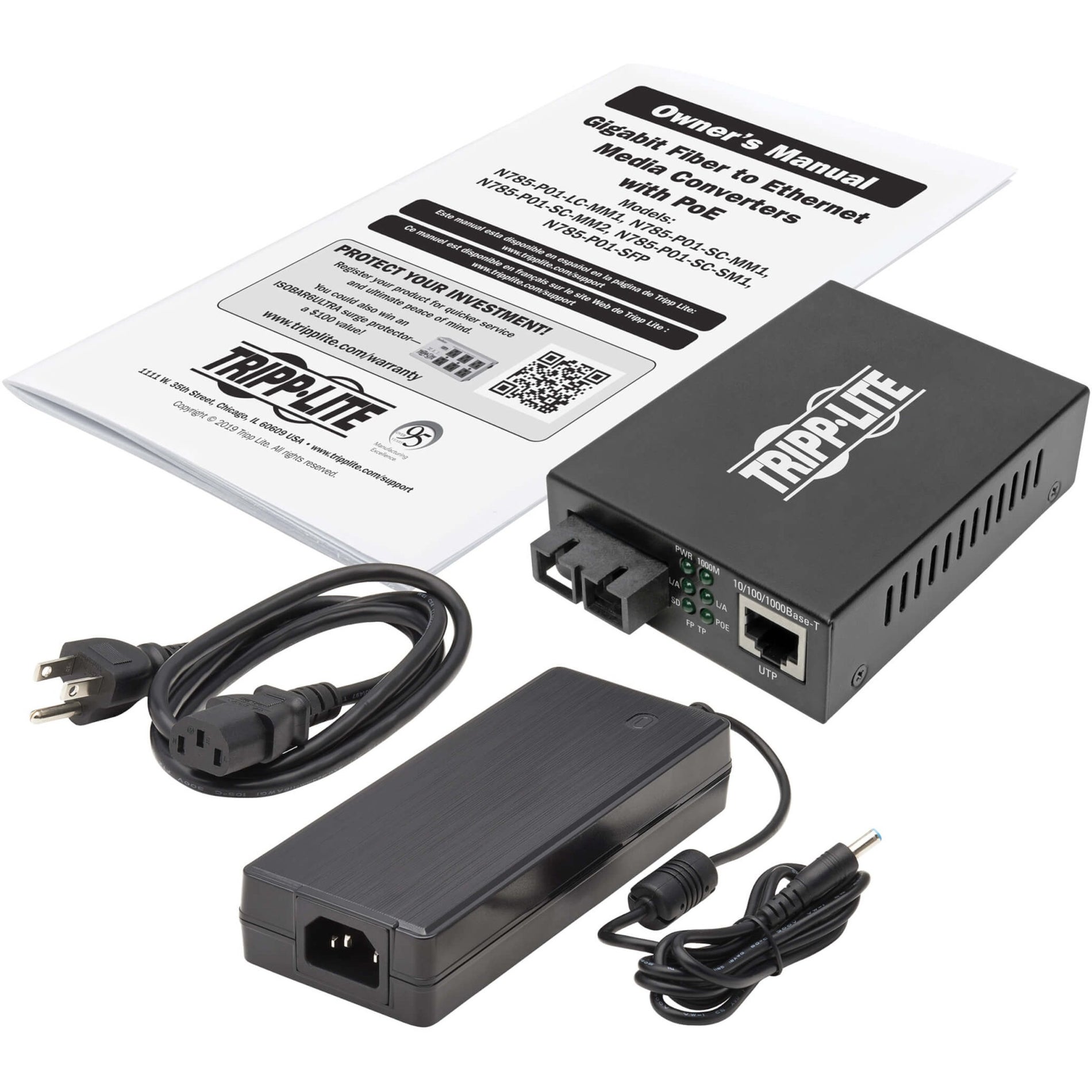 Complete package contents of Tripp Lite media converter including power supply, manual, and unit-alternate-image5